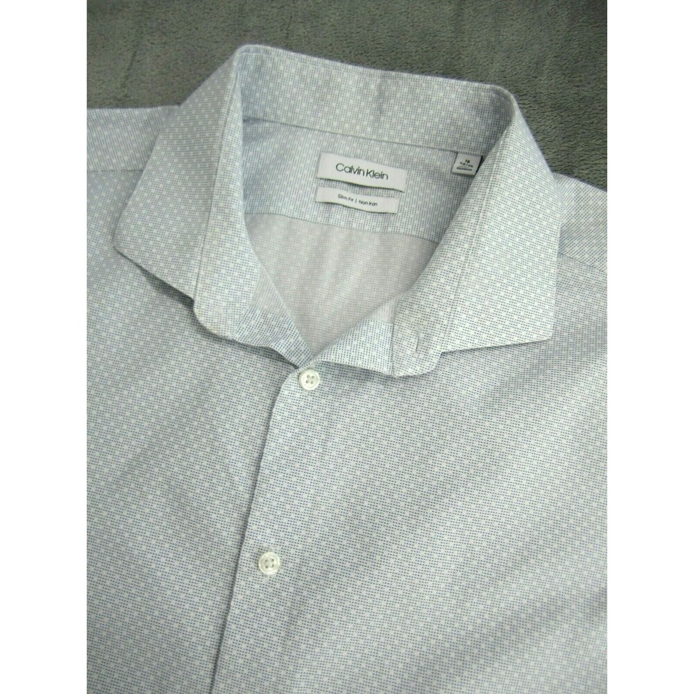 Calvin Klein Sz 2XL 18 34/35 Slim Fit Shirt Non-Iron Geometric Blue White